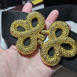 Vtg Black Elastic Stretch Belt Gold Tone Floral Clover Bow Knot Buckle Up To 31"